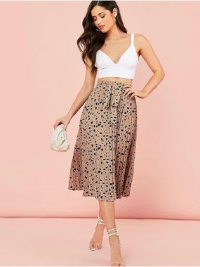Floerns Women's Brown DoT Print Boho Elastic Waist Pleated Midi Belted Skirt L‎